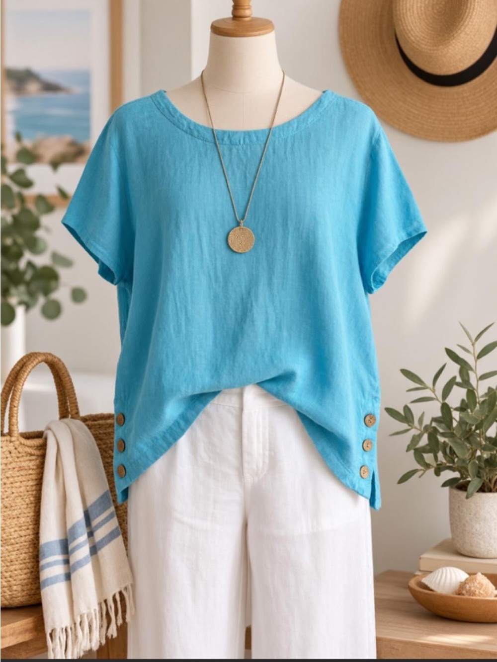 Cynthia Rowley 100% Linen Turquoise Teal Top Blouse Side Button Detail